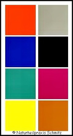 Bild mit 8 Farben,   Orangerot,  Blau,  Blaugrün, Hellgelb, Grau, Schwarz, Violett, Braun 