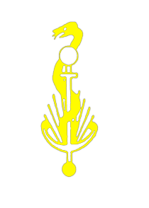 Praxislogo in Form einer gelben Äskulusschlange auf einem Ankerstab